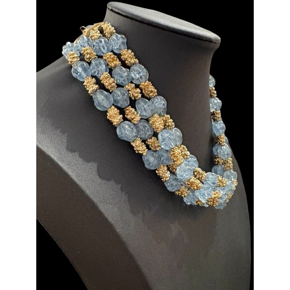 Trifari Vintage Blue Gold tone Nugget Glass Necklace Bracelet Jewelry Set Signed - Picture 2 of 9